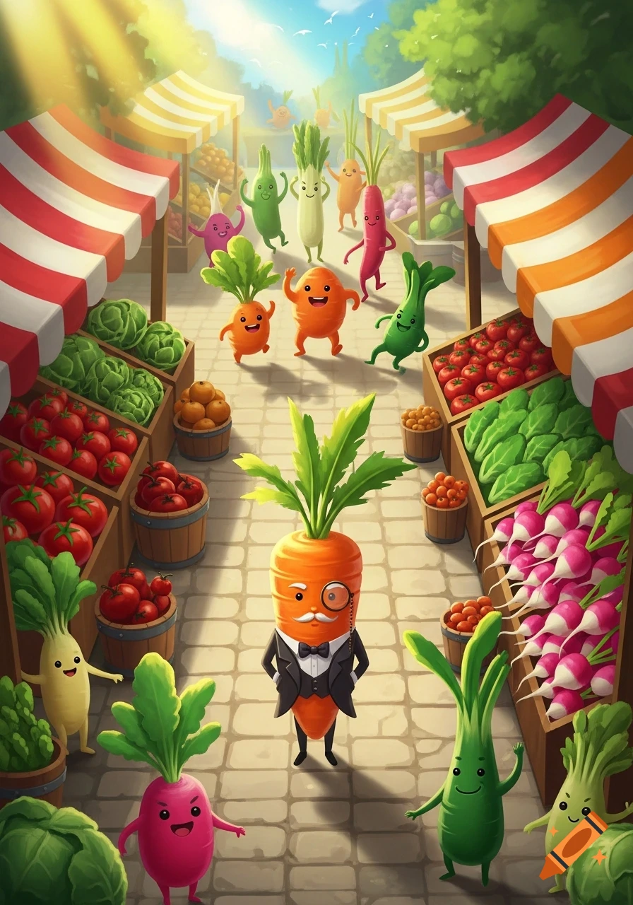 A vibrant cartoon market scene with anthropomorphic vegetables. A dapper carrot with a monocle stands among dancing produce.