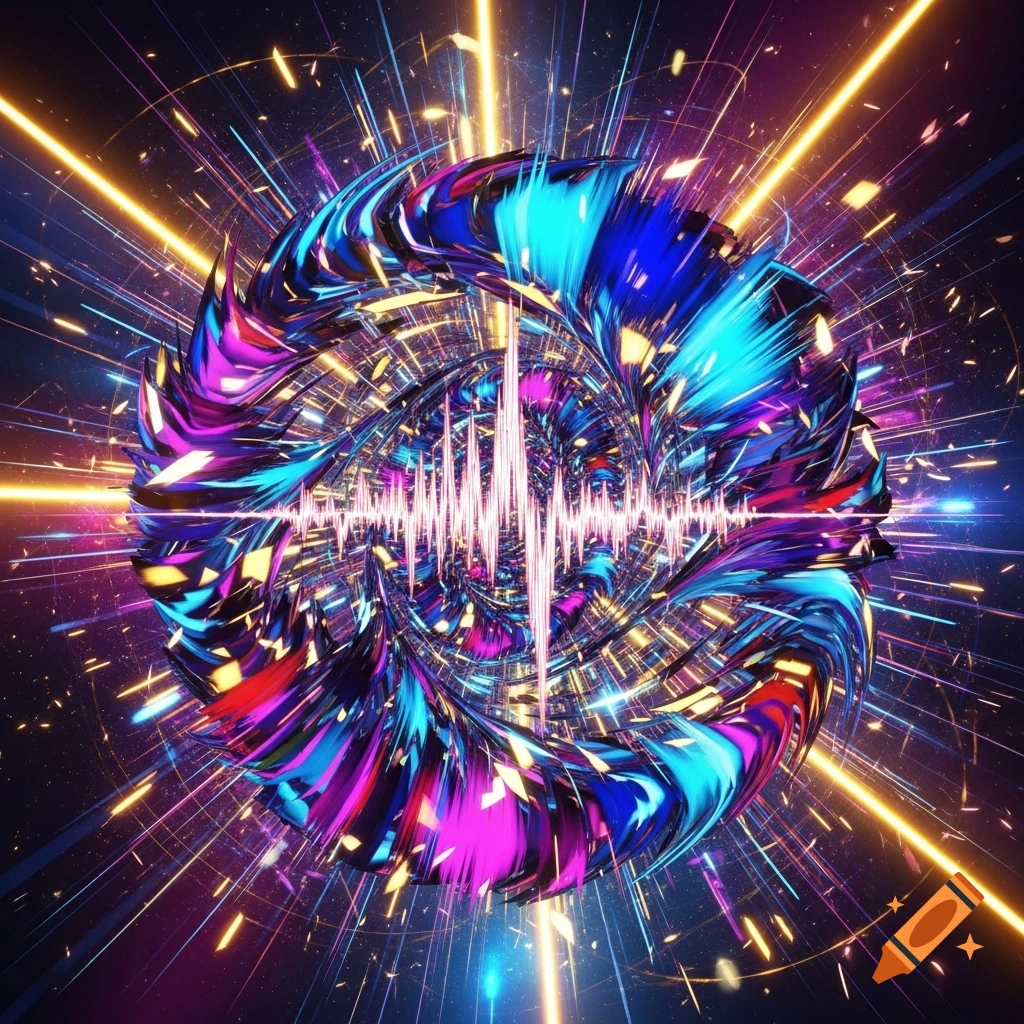 Vibrant psychedelic abstract art with a central sound wave amidst swirling blue, purple, and pink forms and glowing light streaks.