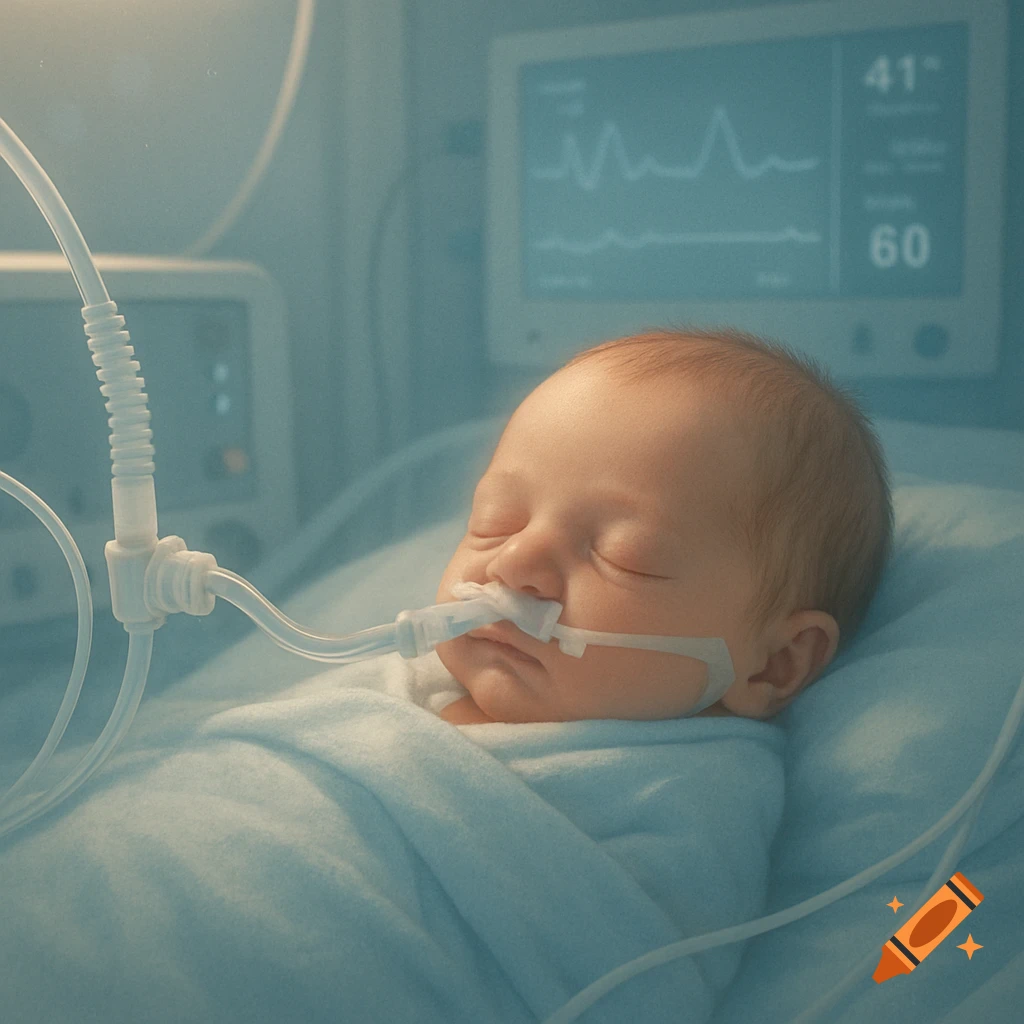 A newborn baby sleeps in a hospital, connected to a ventilator with a monitor showing vital signs in the background.