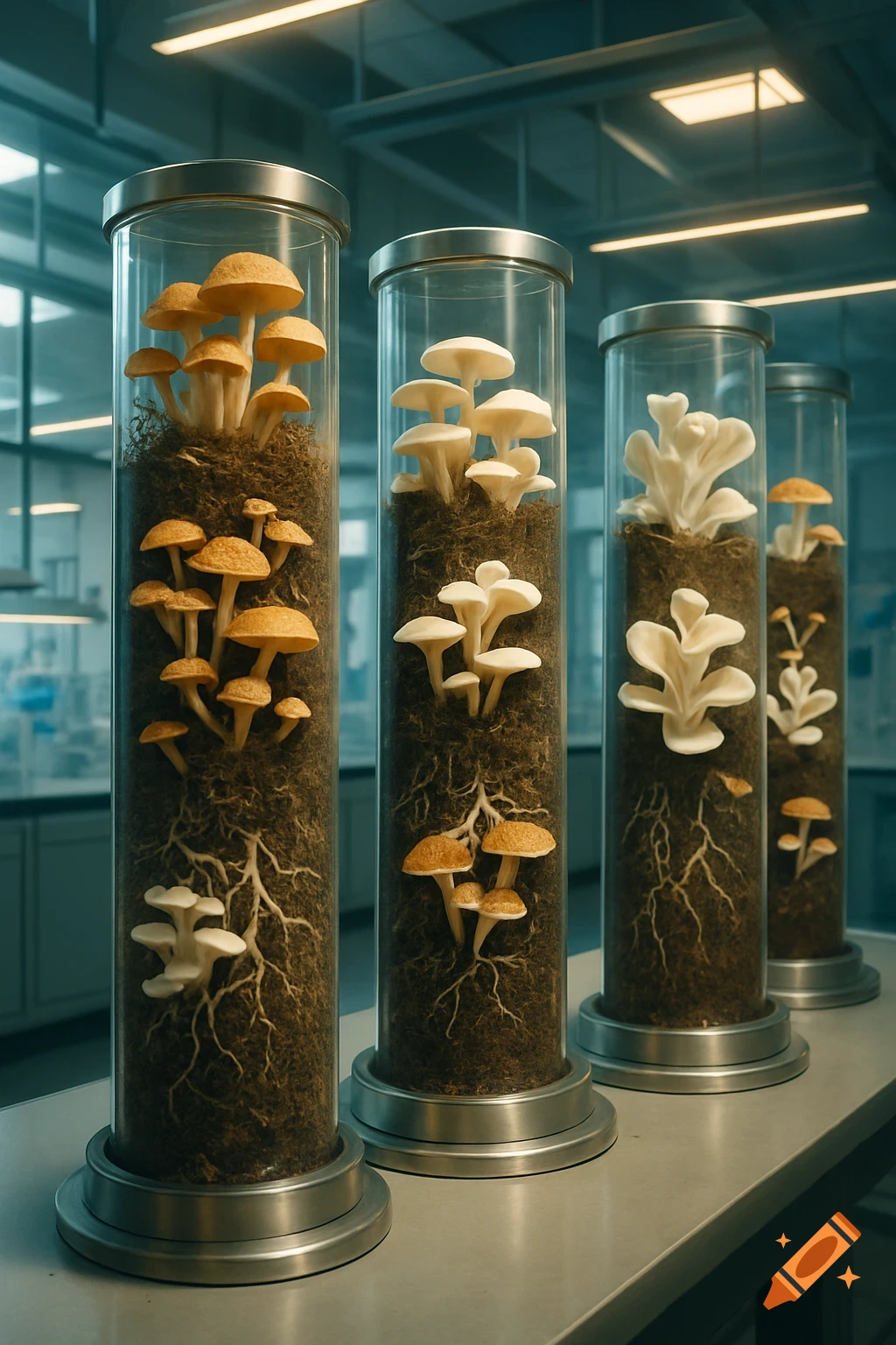 Several types of mushrooms growing in transparent soil columns on a lab bench in a scientific laboratory setting.