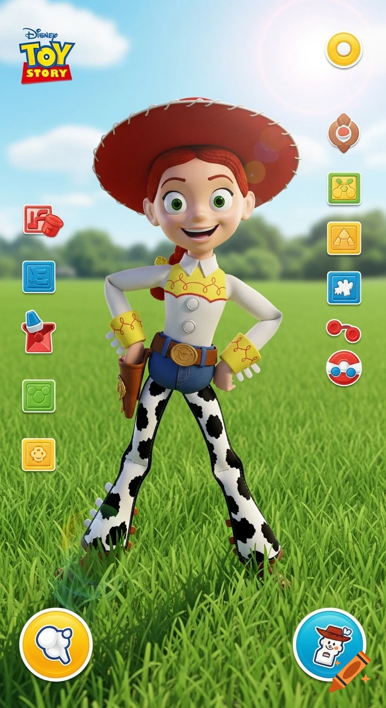 Jessie from Toy Story in an augmented reality game screenshot, standing in a grassy field with game UI buttons.
