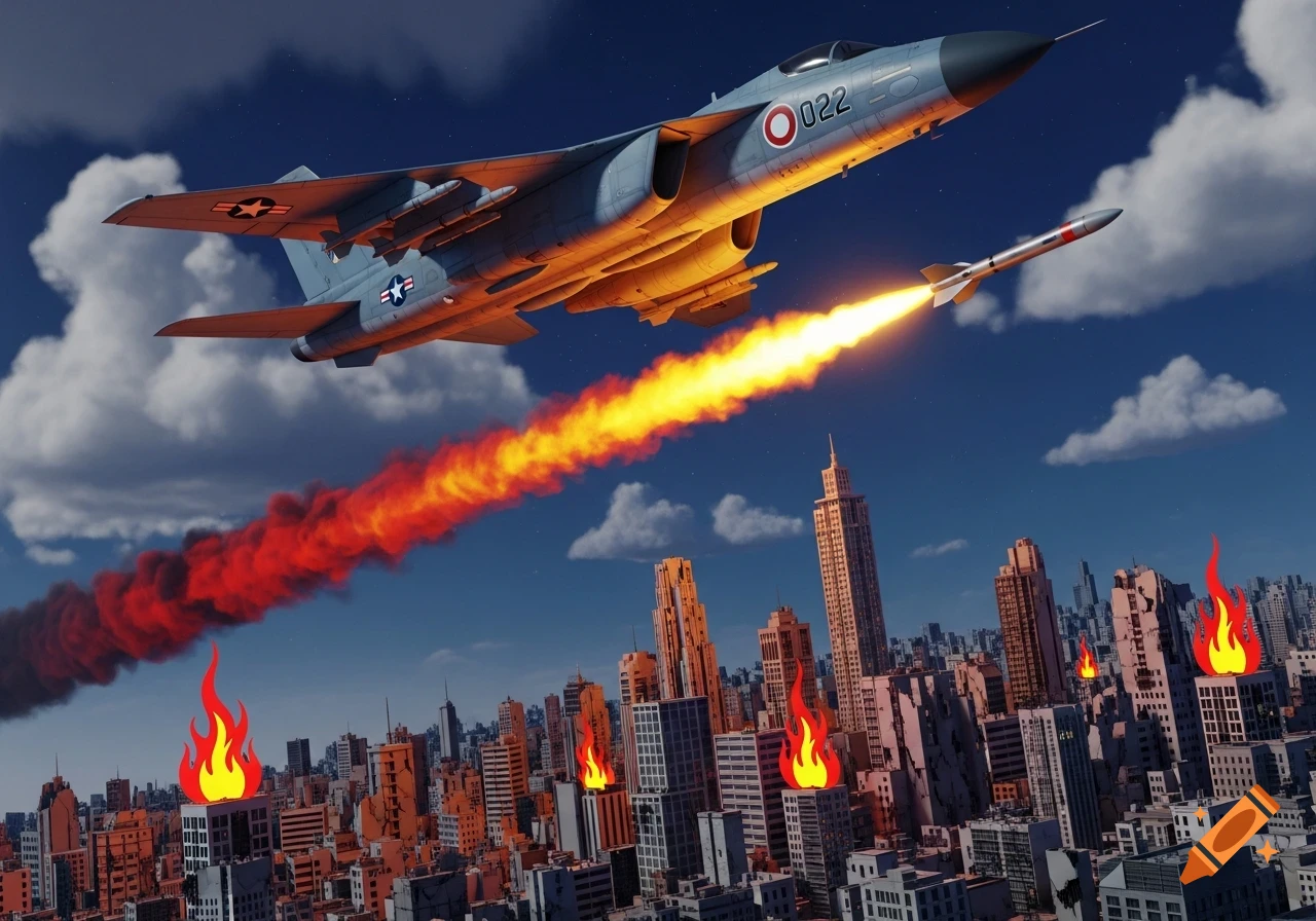 A military jet fires a missile over a stylized city, with cartoon fires burning on buildings under a blue sky.