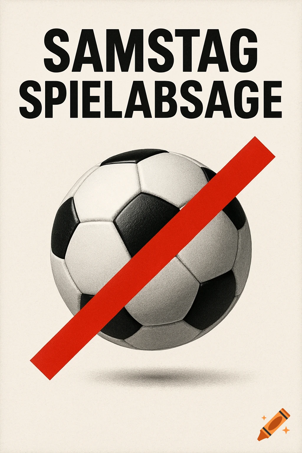 Minimalist poster with a soccer ball crossed out by a red line, text reads 'SAMSTAG SPIELABSAGE'.