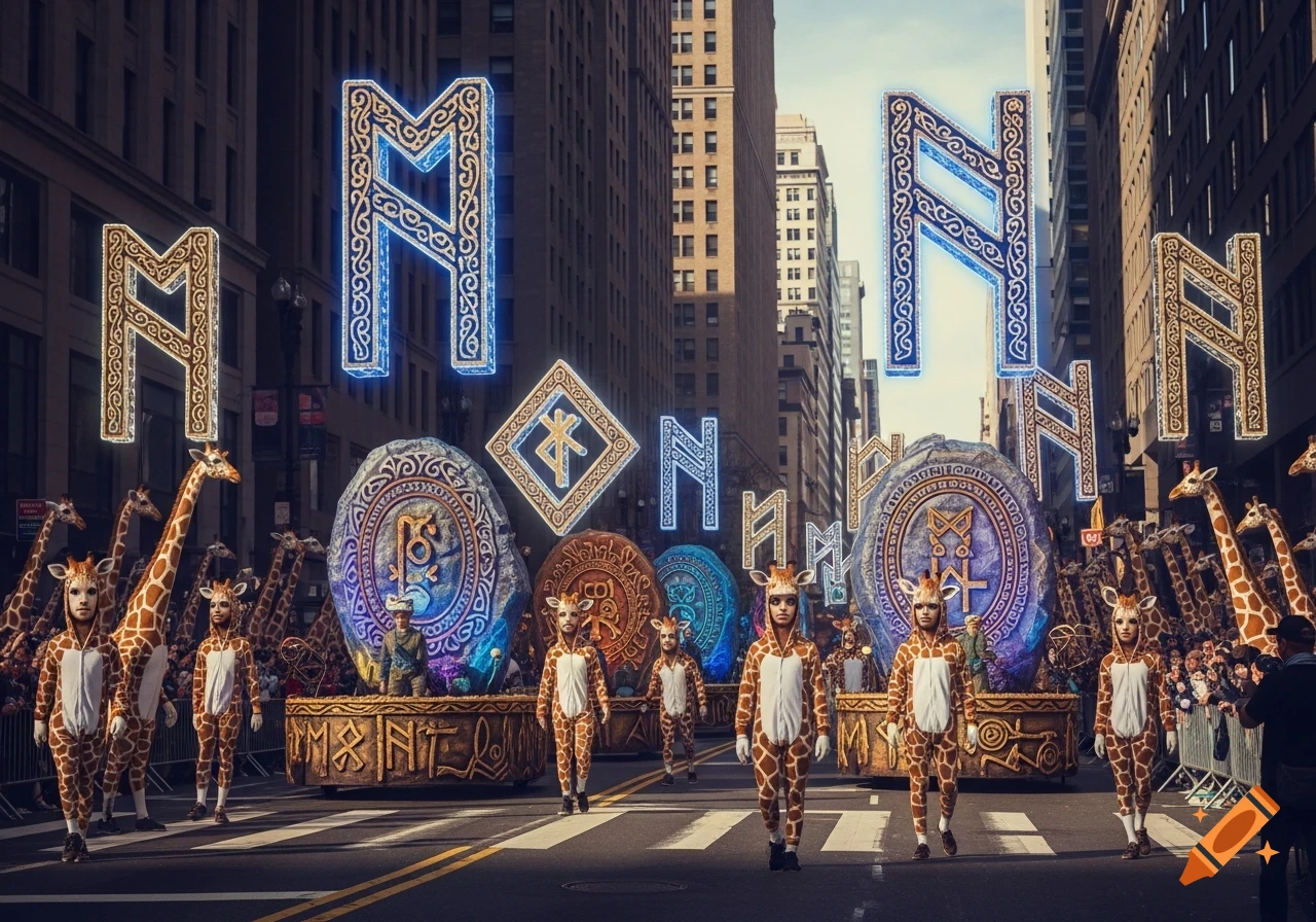 A photorealistic parade in a city street features people in full giraffe costumes, walking alongside floats adorned with glowing, oversized stylized runic letters and symbols.