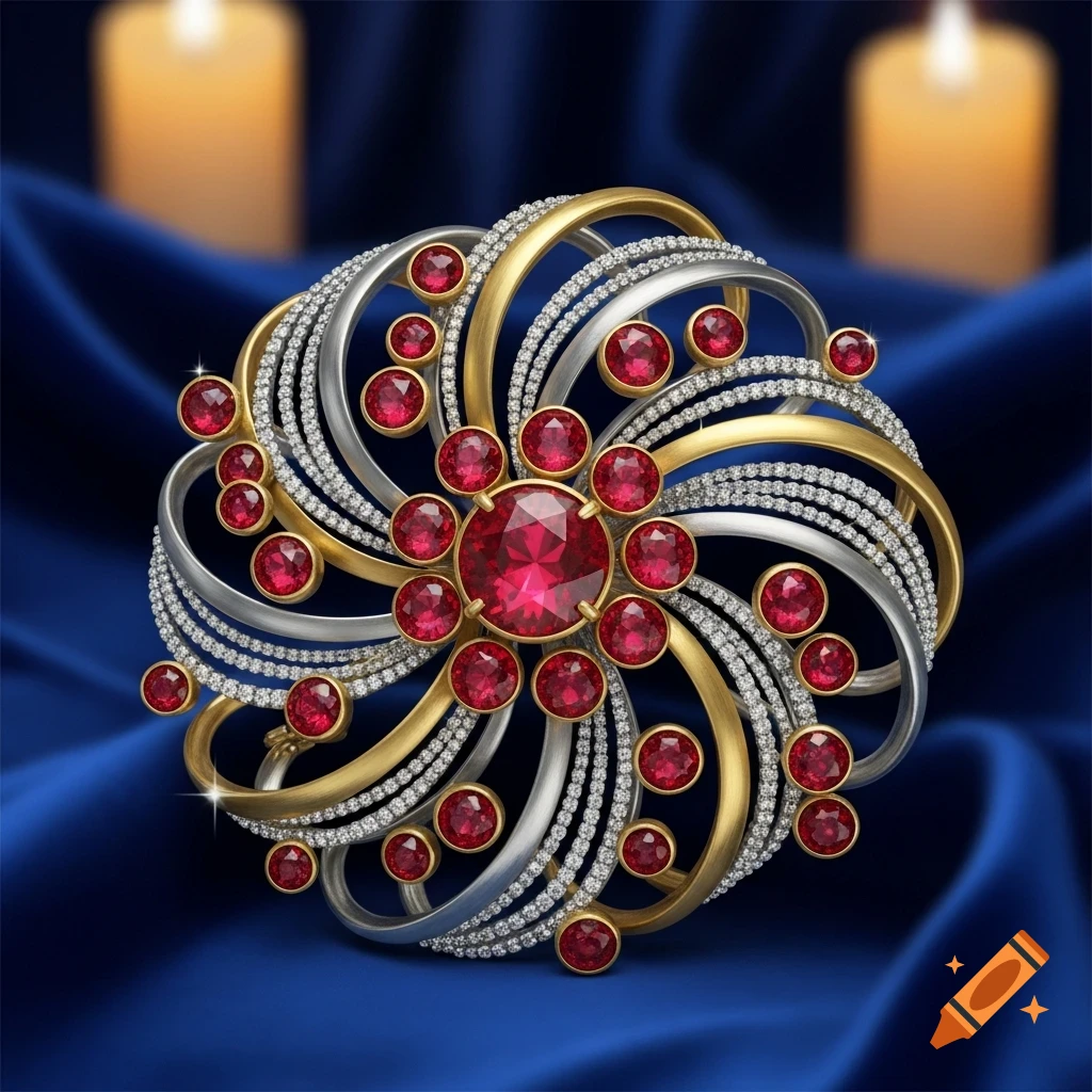 An ornate gold and silver brooch with numerous red rubies and diamonds, resting on a deep blue satin fabric with blurred candles in the background.