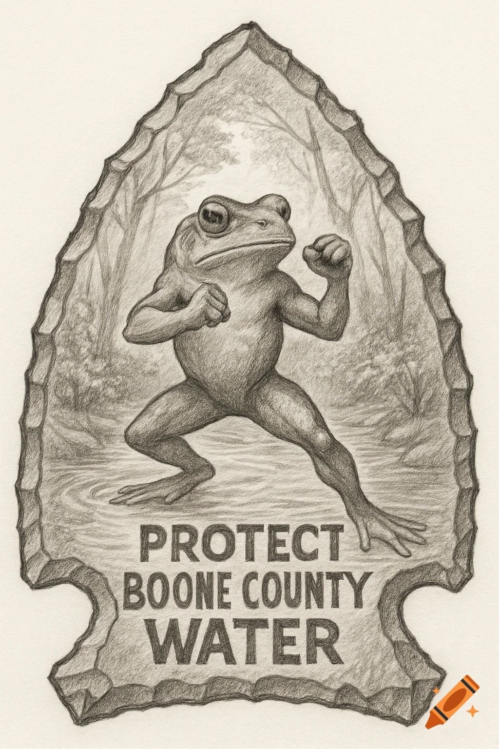 Pencil sketch of a frog in a fighting stance within an arrowhead frame, with 'Protect Boone County Water' text.