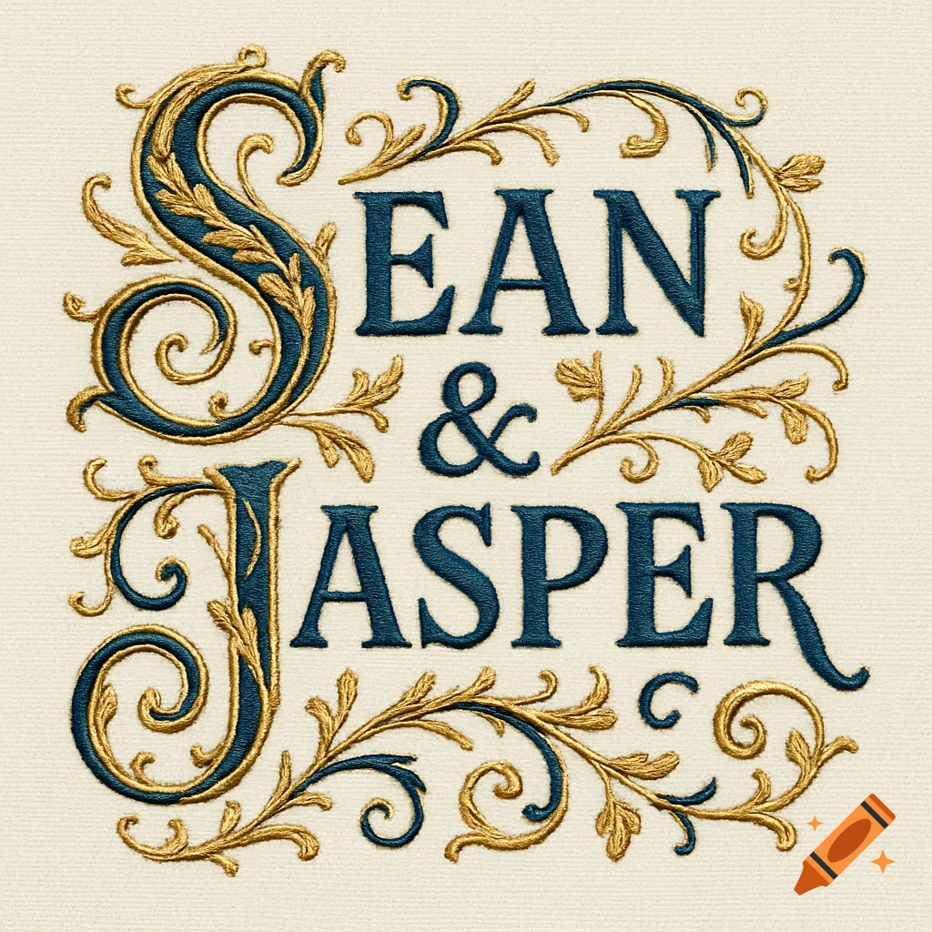 Embroidered design of the names 'Sean & Jasper' in dark blue, surrounded by ornate gold and blue leafy scrolls on a cream background.