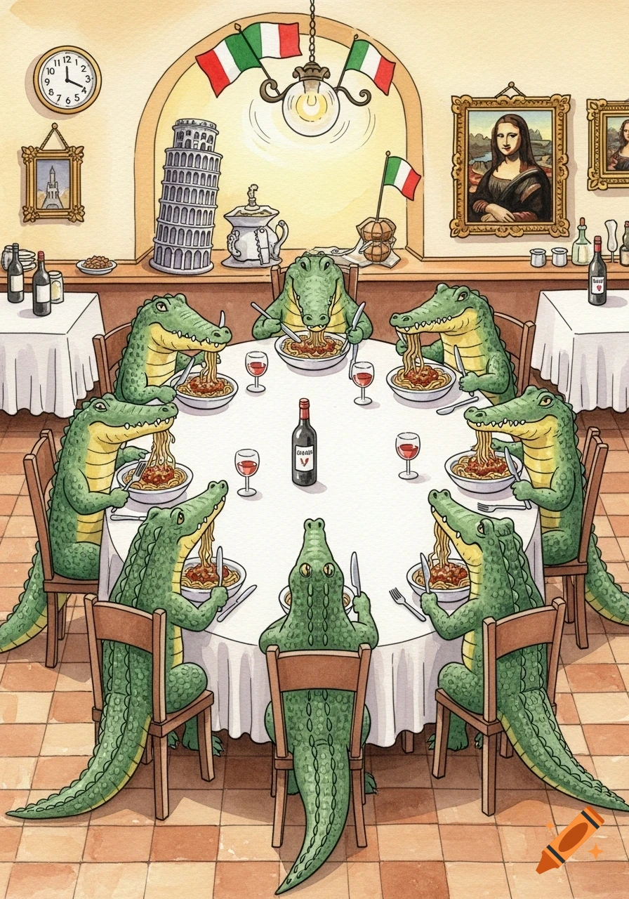 Humorous watercolor painting of ten crocodiles eating spaghetti bolognese at a round table in an Italian restaurant.