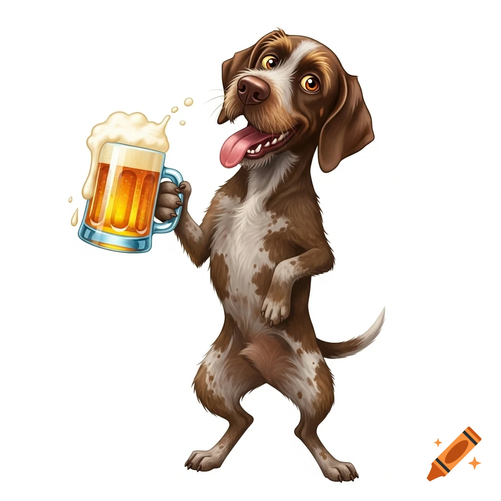 A cartoon brown and white pointer dog stands on its hind legs, happily holding a frothy mug of beer.