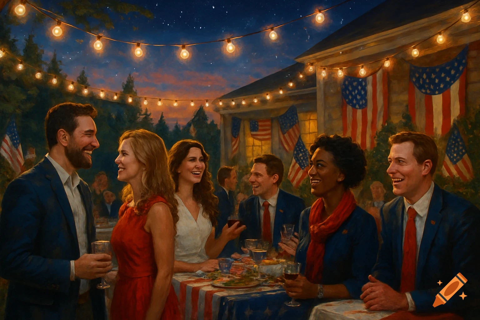 Smiling people socialize at an outdoor evening patriotic party decorated with string lights and American flags, in a painterly style.