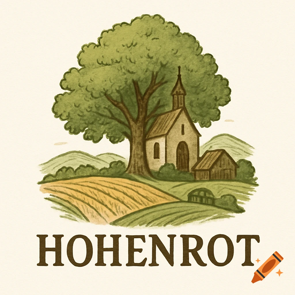 Rustic illustration of Hohenrot village logo with a large tree, chapel, and fields.