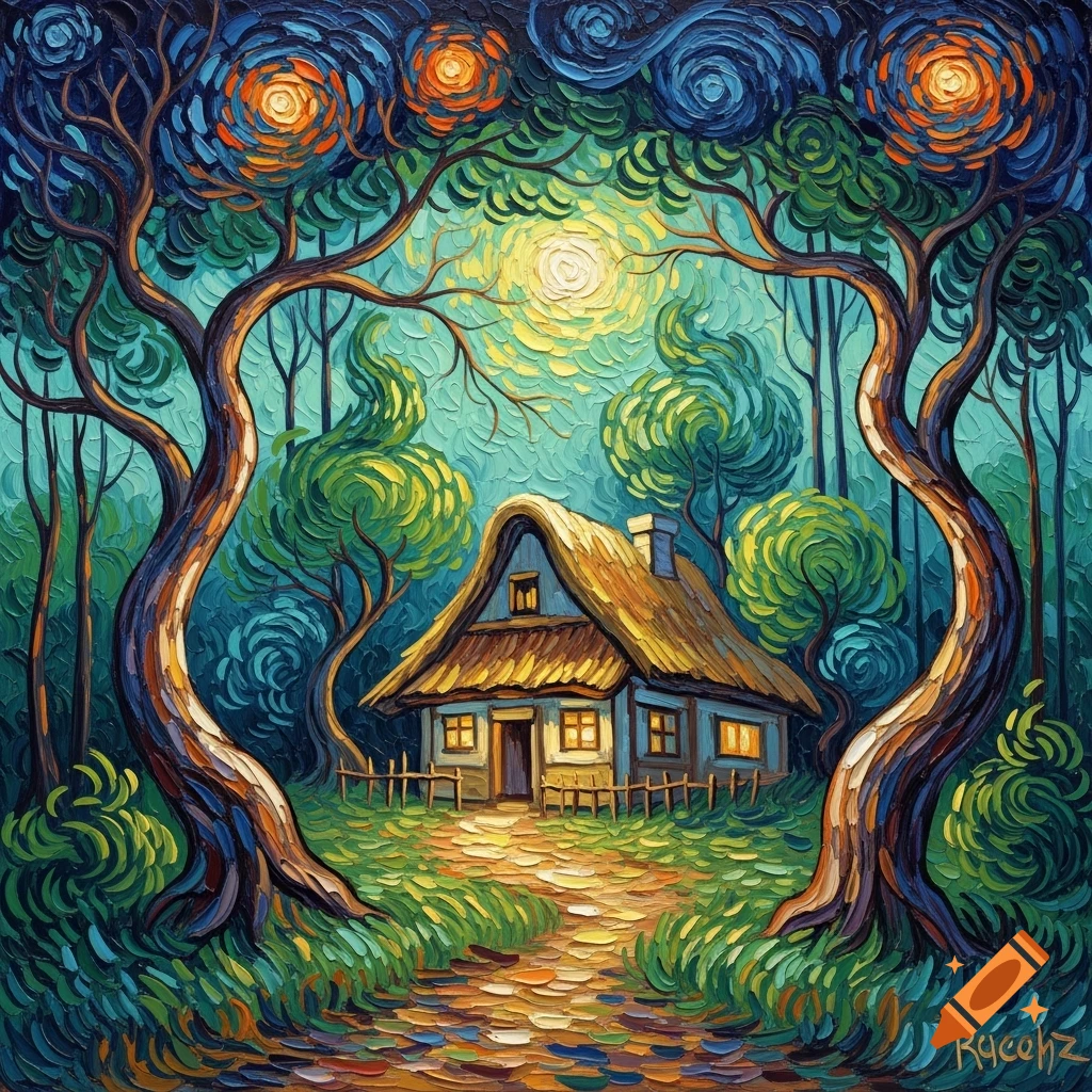 Oil painting in Van Gogh style of a cozy house nestled in a vibrant, swirling forest under a luminous moon.