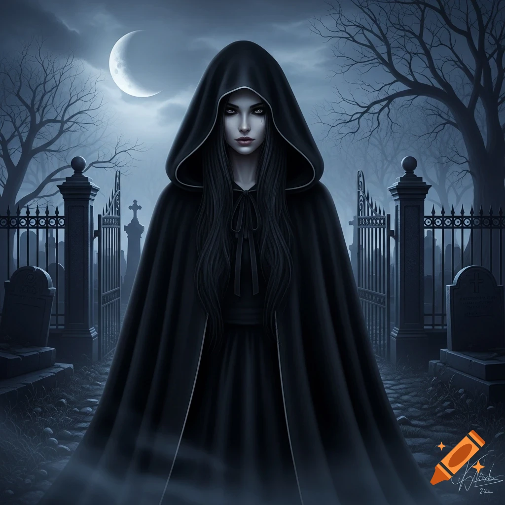 A gothic woman with long black hair and a hood stands in a moonlit cemetery at night.