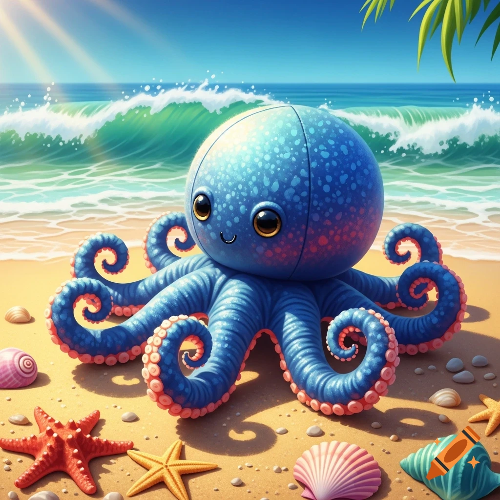 A vibrant blue octopus plushie with big eyes sits on a sunny beach among seashells and starfish, with ocean waves in the background.