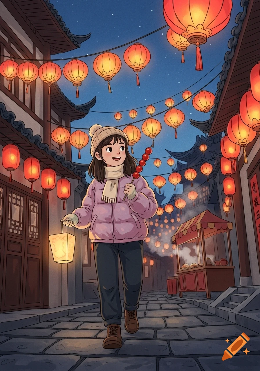 A cheerful girl walks through a Chinese lantern festival street at dusk, holding a paper lantern and tanghulu. Ghibli-style illustration.