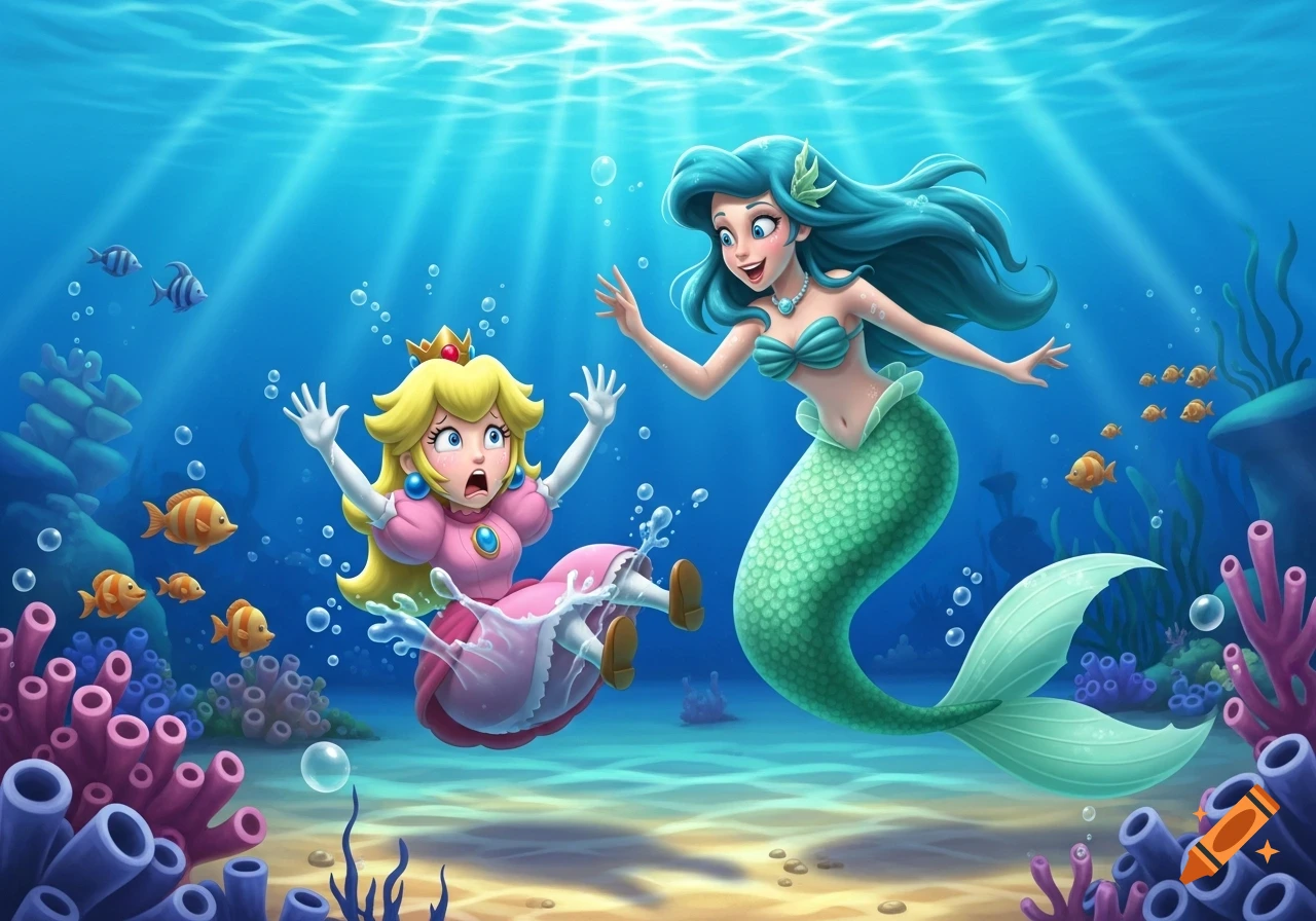 Cartoon illustration: A mermaid laughs as Princess Peach struggles to stay afloat underwater, surrounded by coral and fish.