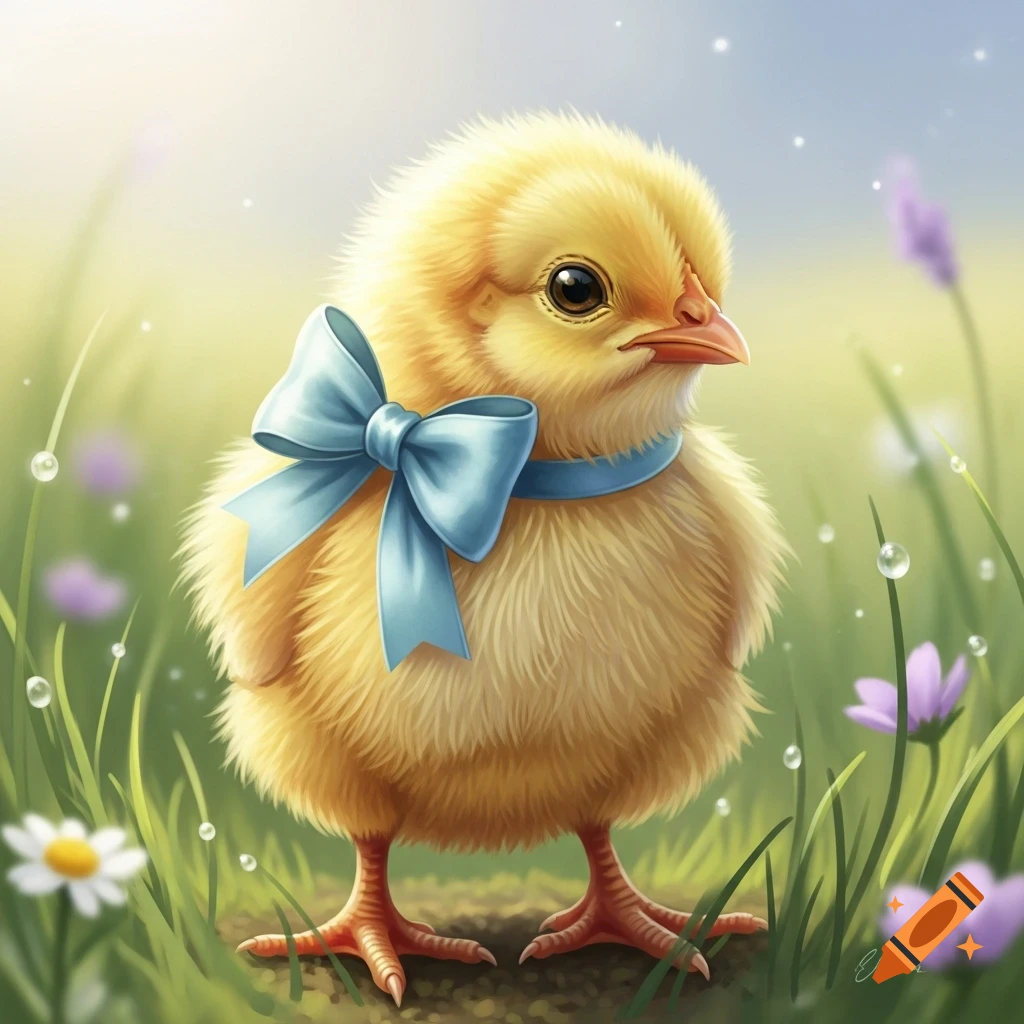 A cute fluffy yellow chick wearing a blue bow stands in green grass with small purple and white flowers and dew drops, digital art.