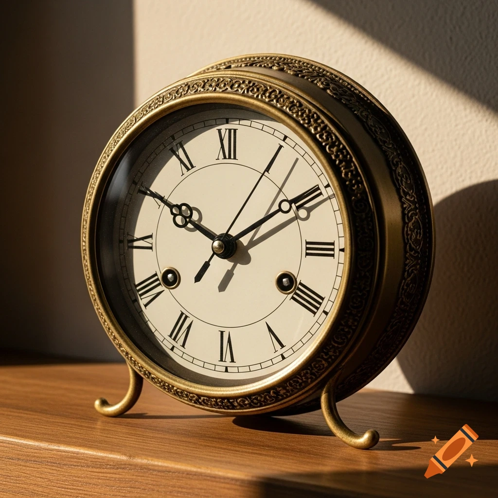 A vintage brass analog clock with Roman numerals sits on a wooden surface, dappled in sunlight.