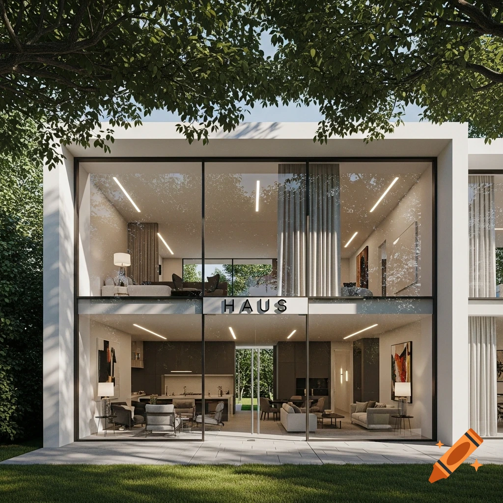 Photorealistic rendering of a modern, two-story house with glass walls, minimalist interior, and a green lawn.