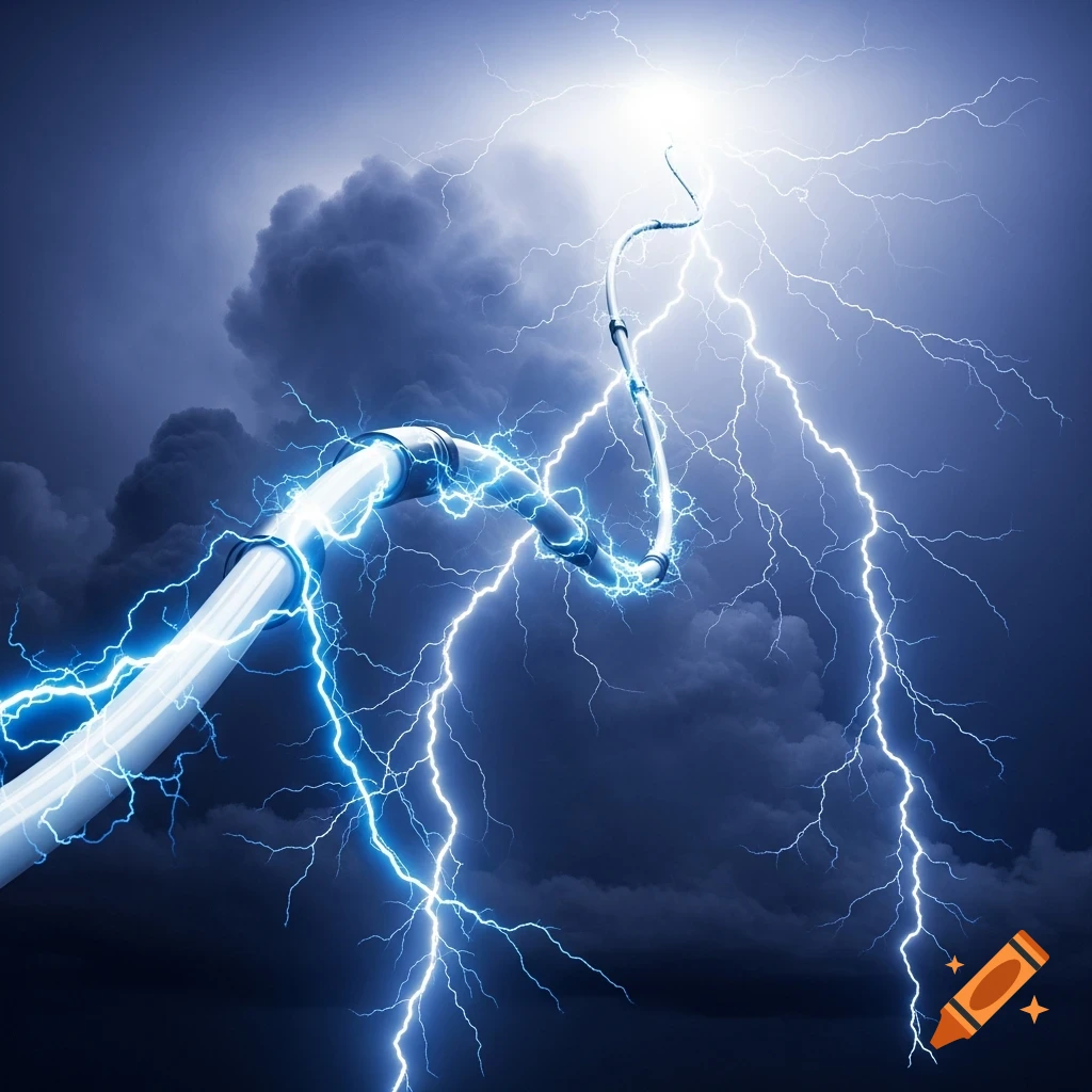 A white cable with bright blue lightning striking it against a dark, stormy sky.