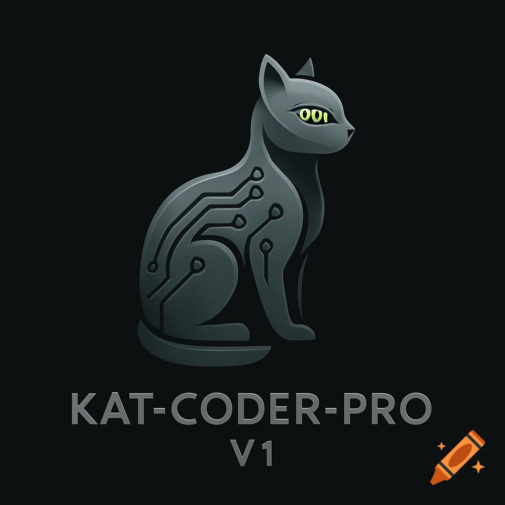 A dark grey stylized cat logo with circuit board patterns on its body and glowing green eyes. Below the cat, the text 'KAT-CODER-PRO V1' is displayed.