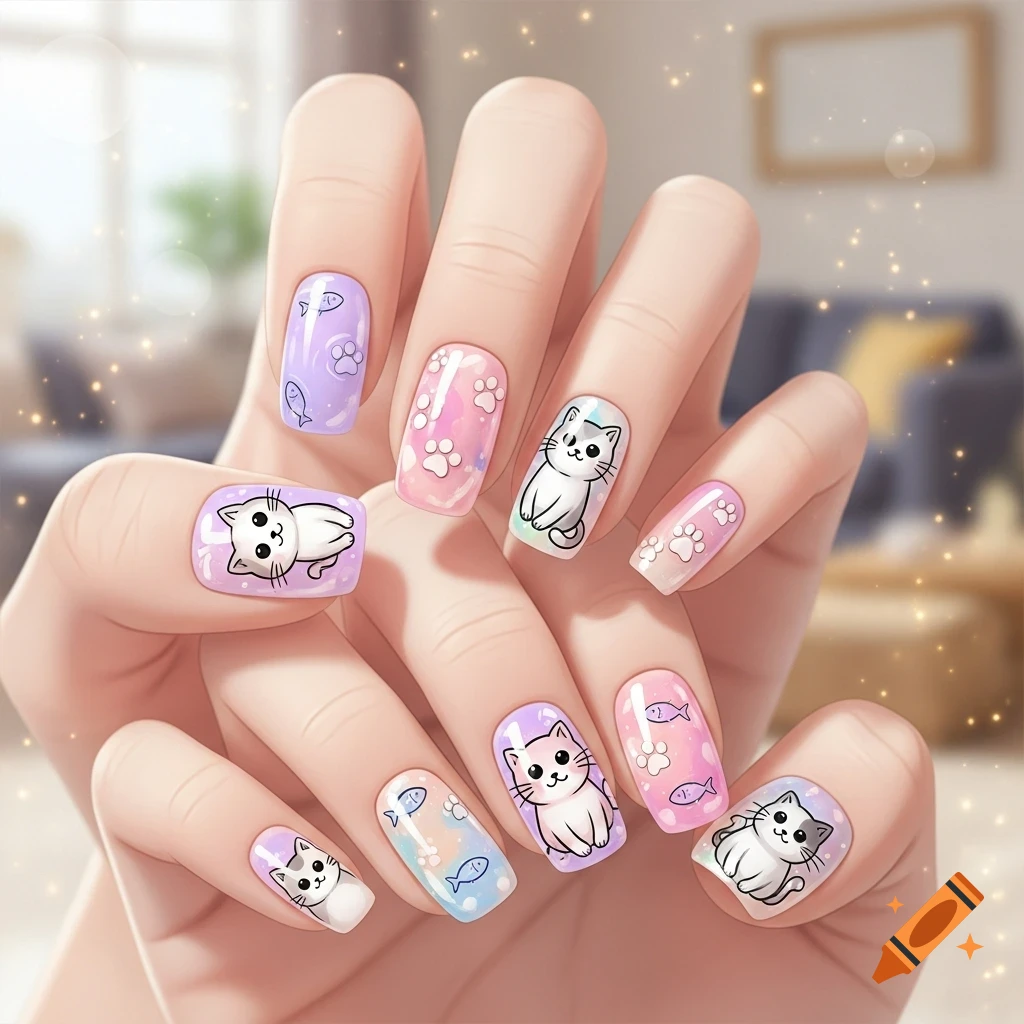 Close-up of hands with colorful gel nails featuring cute cartoon cats, paw prints, and fish designs.