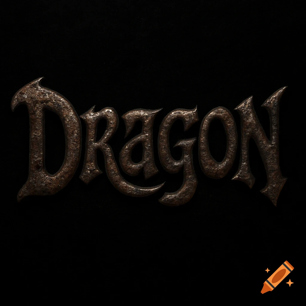 The word DRAGON rendered in a rusty, textured metallic fantasy font on a black background.