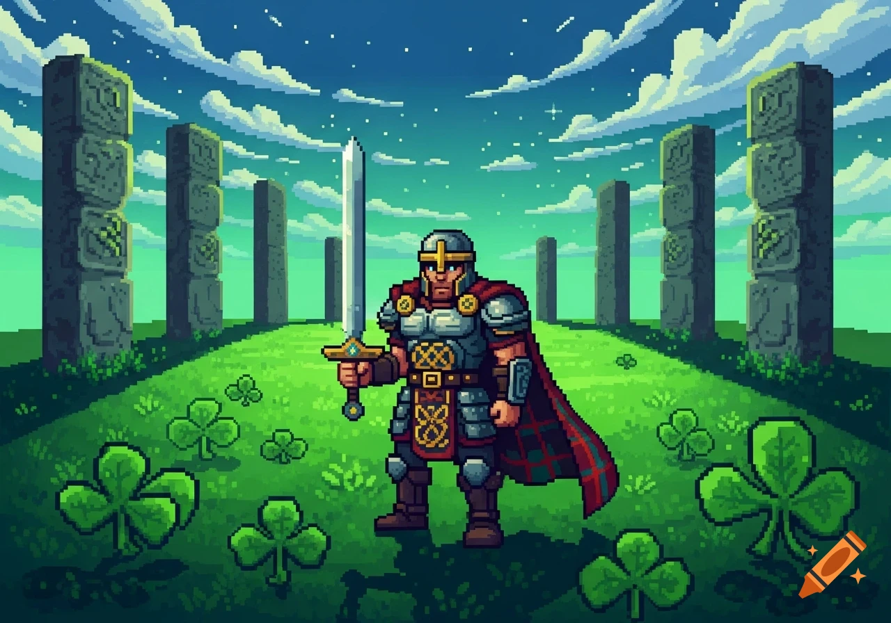 A pixel art warrior in armor holds a sword in a field with large stone pillars and shamrocks under a starry, cloudy sky.