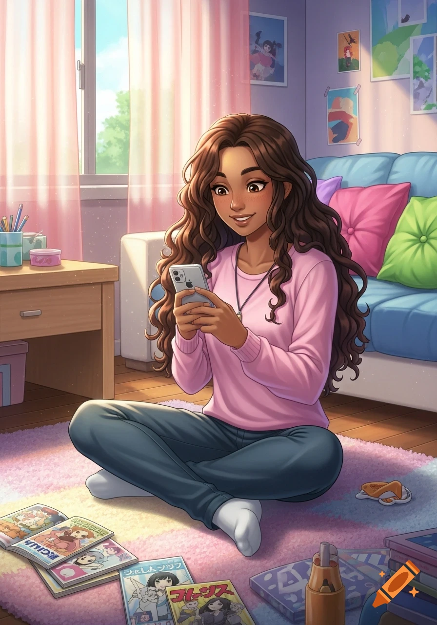 An anime girl with long, curly brown hair sits cross-legged on a rug in her bedroom, looking at her iPhone with manga magazines around her.