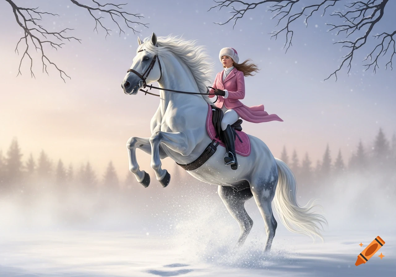 A woman in a pink coat and hat rides a white horse rearing in a snowy landscape with bare trees, digital art.