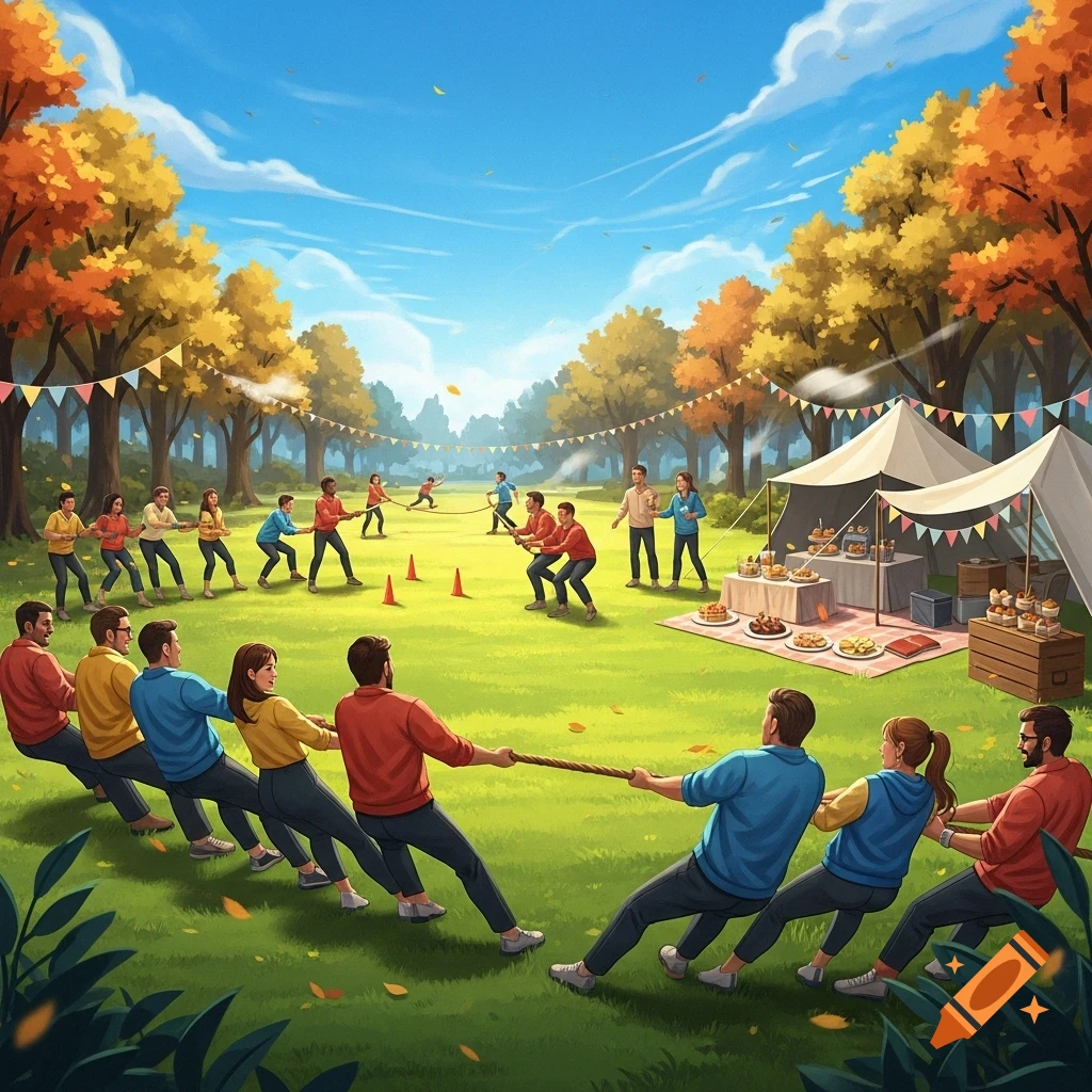 Vibrant illustration of people playing tug-of-war and picnicking at an outdoor fall event.