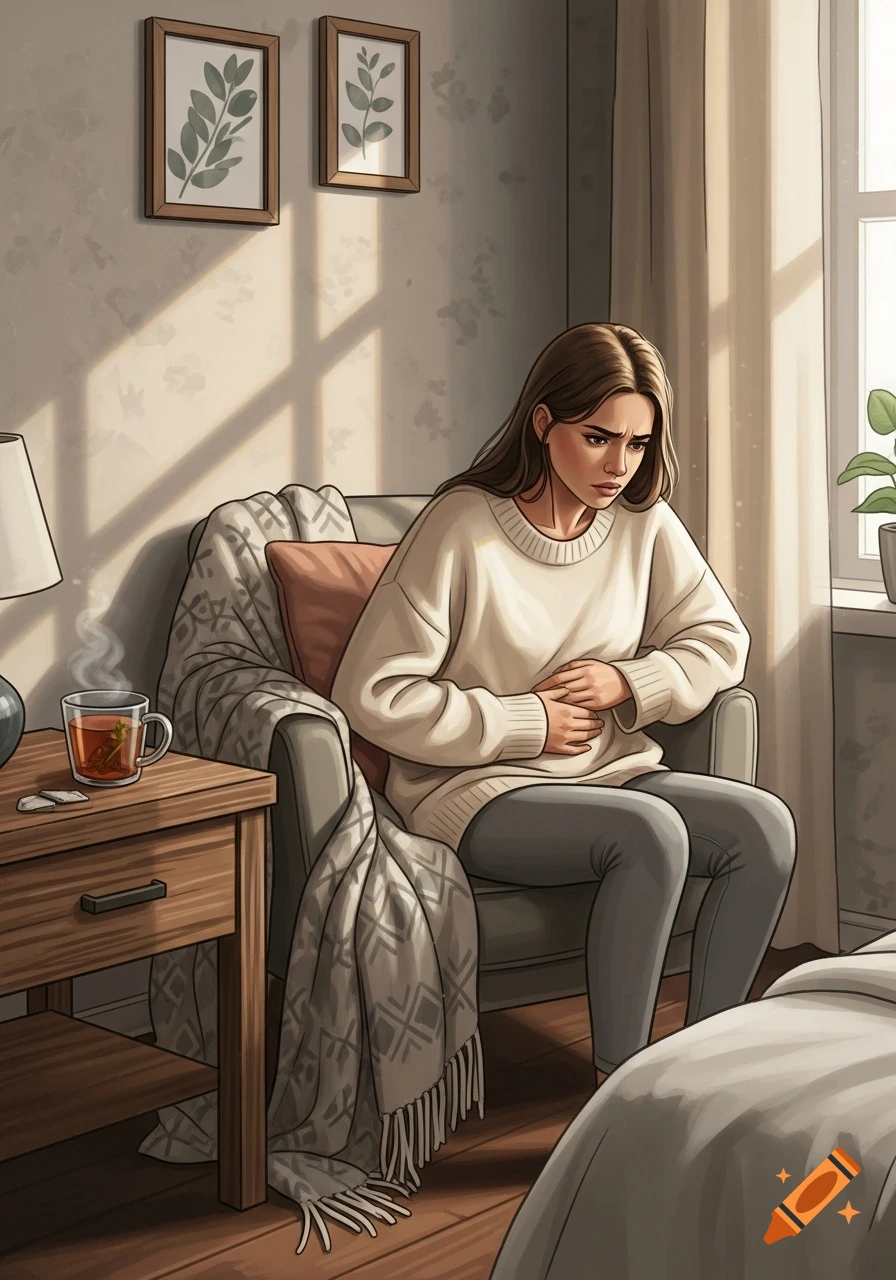 Digital illustration of a distressed woman sitting in a chair, holding her stomach in a sunlit room with tea nearby.