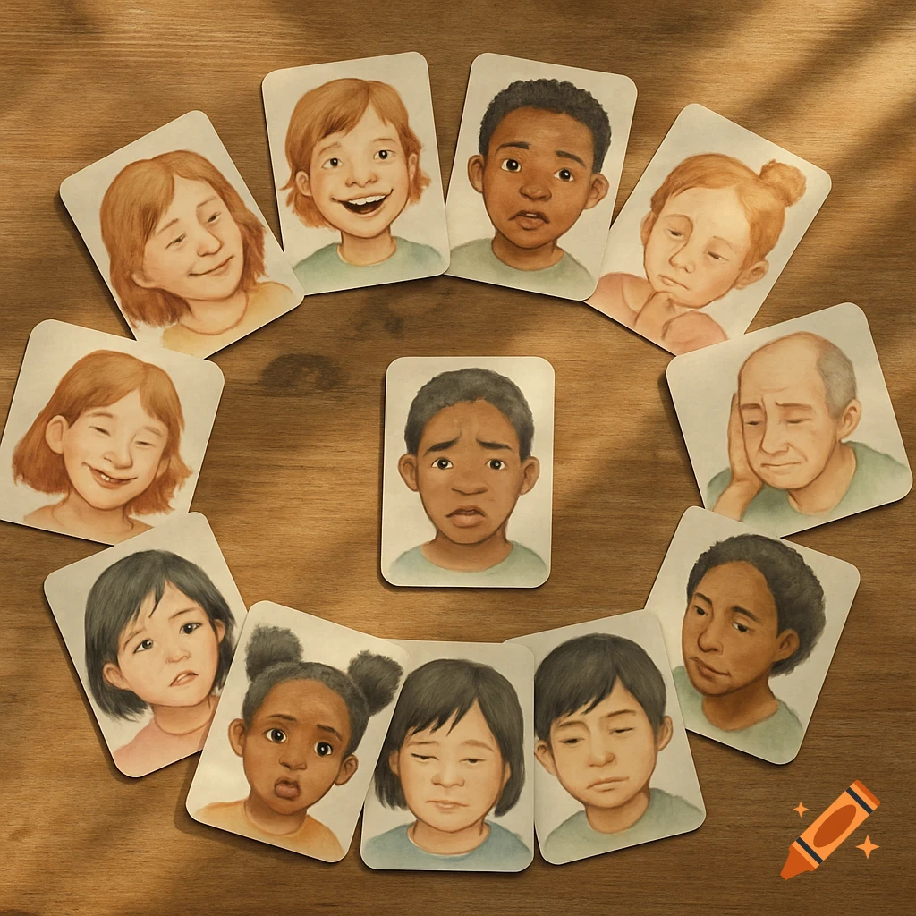 Watercolor illustrations of diverse faces depicting various emotions on scattered emotion cards on a wooden table.