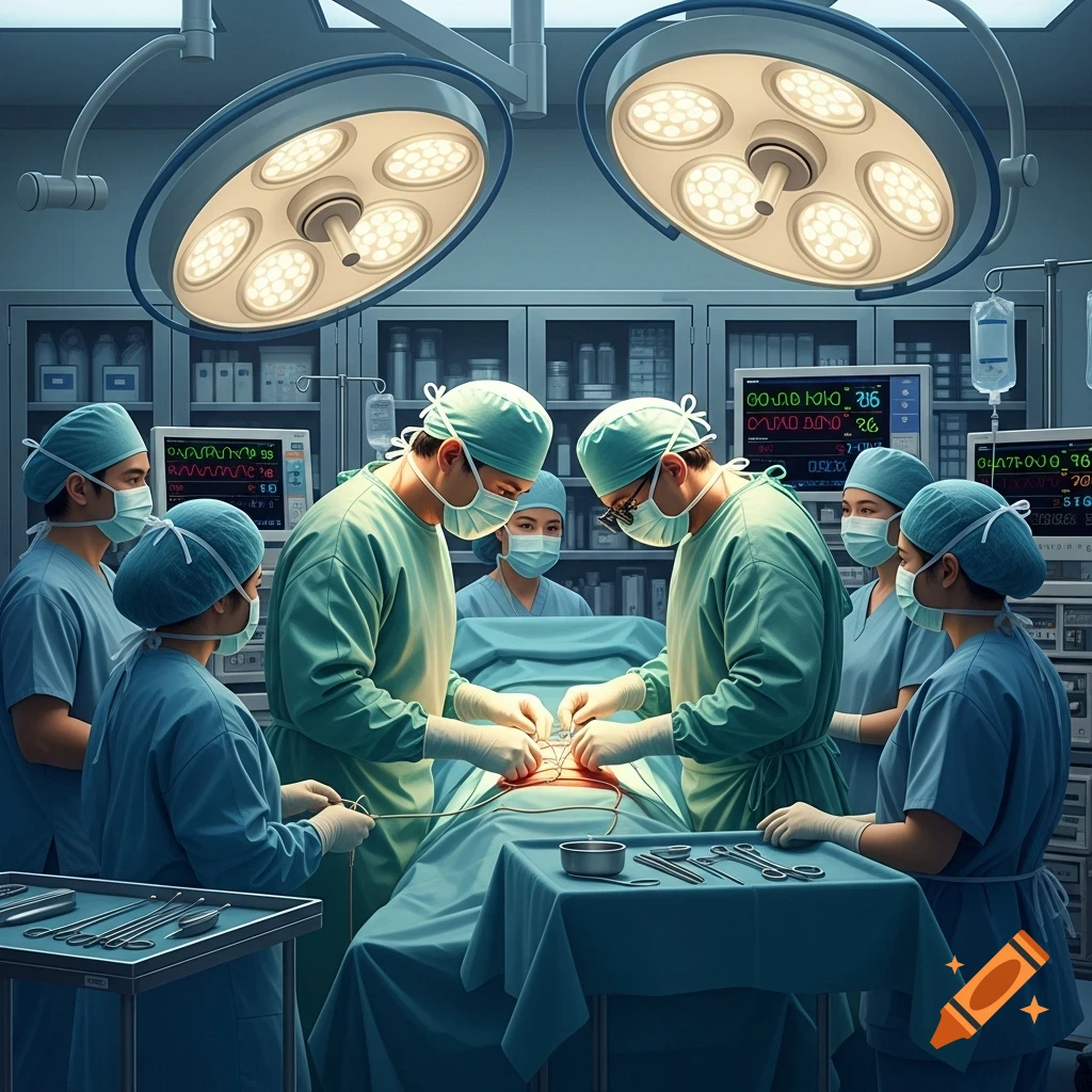 Photorealistic image of multiple surgeons and medical staff performing a complex operation in a brightly lit operating room.