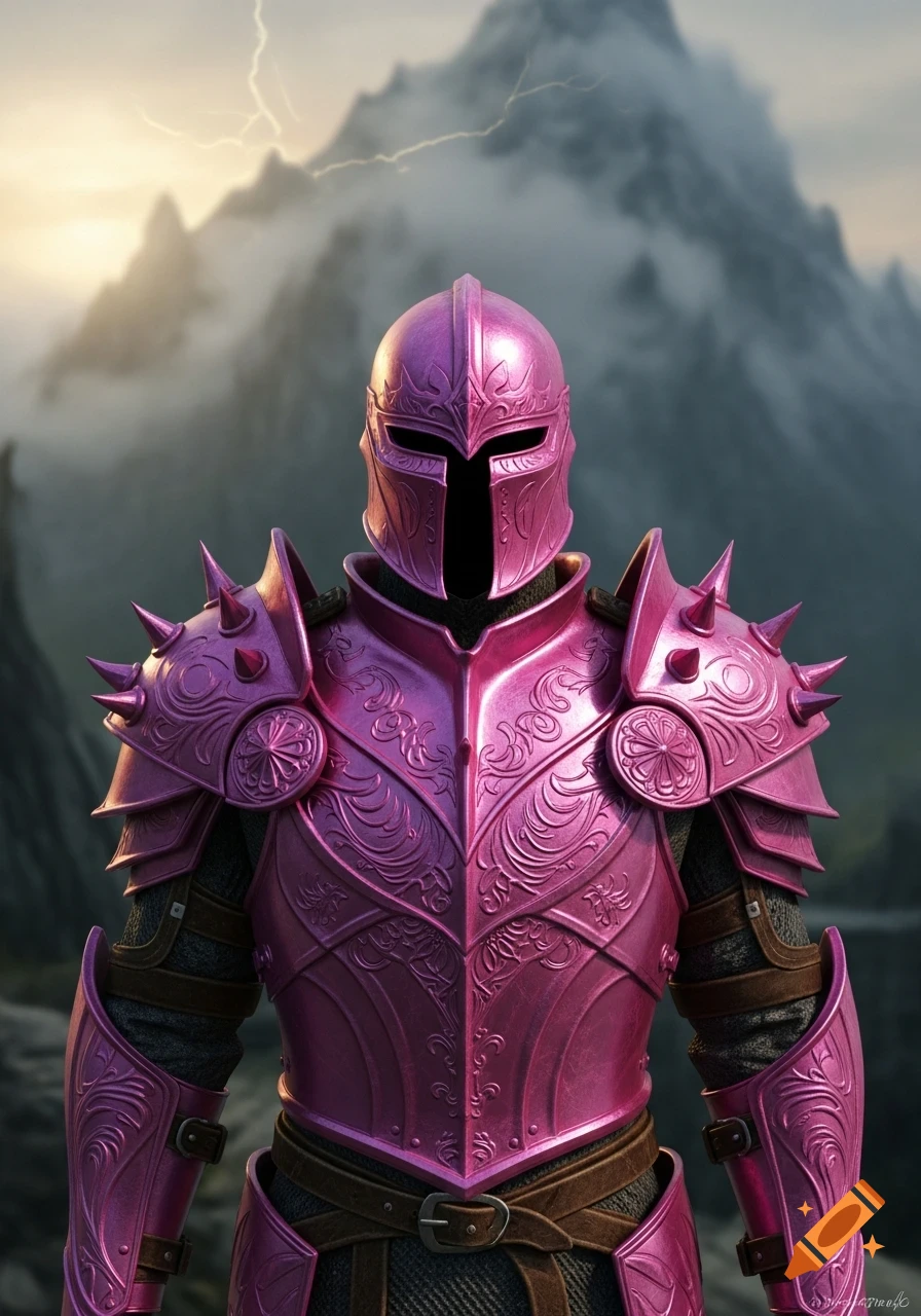 Photorealistic pink knight in ornate spiked armor and a full helm stands against stormy mountains with lightning.