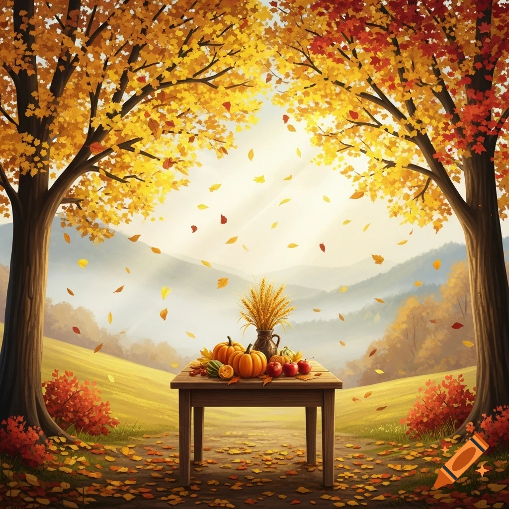 A wooden table laden with pumpkins, apples, and wheat stands under two large trees with falling autumn leaves, set in a scenic hilly landscape.
