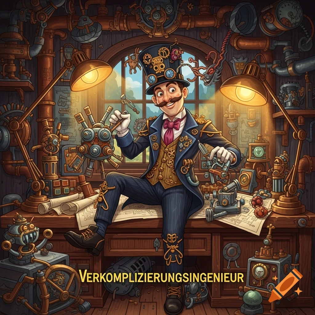 A smiling cartoon steampunk inventor with a mustache sits on a desk in a gear-filled workshop, holding tools. Text: VERKOMPLIZIERUNGSINGENIEUR.