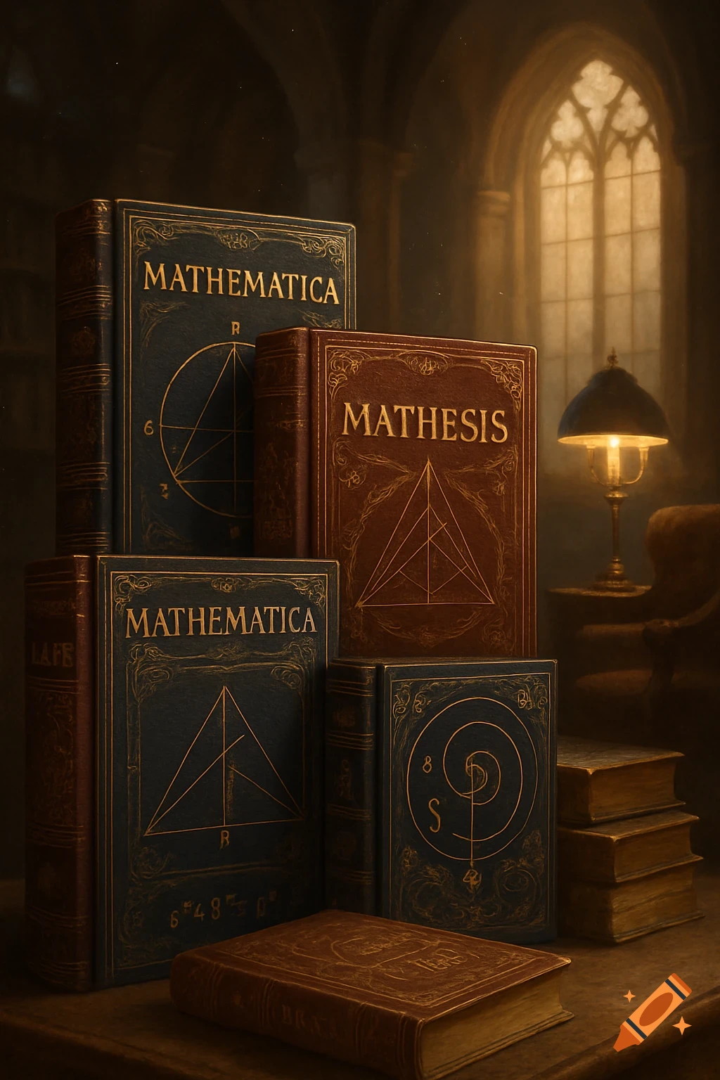 Stack of vintage math books with ornate gold lettering and geometric symbols, set in a dimly lit, scholarly room with a gothic window.