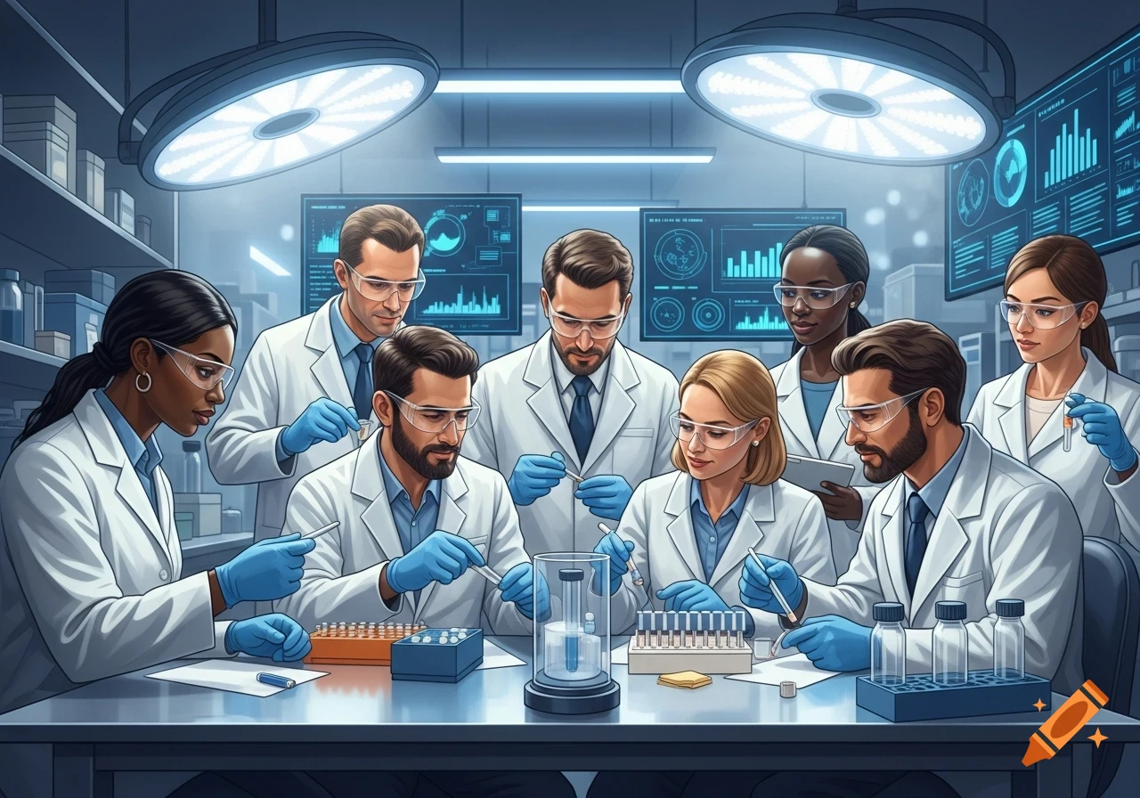 A diverse group of scientists in lab coats, safety glasses, and blue ...