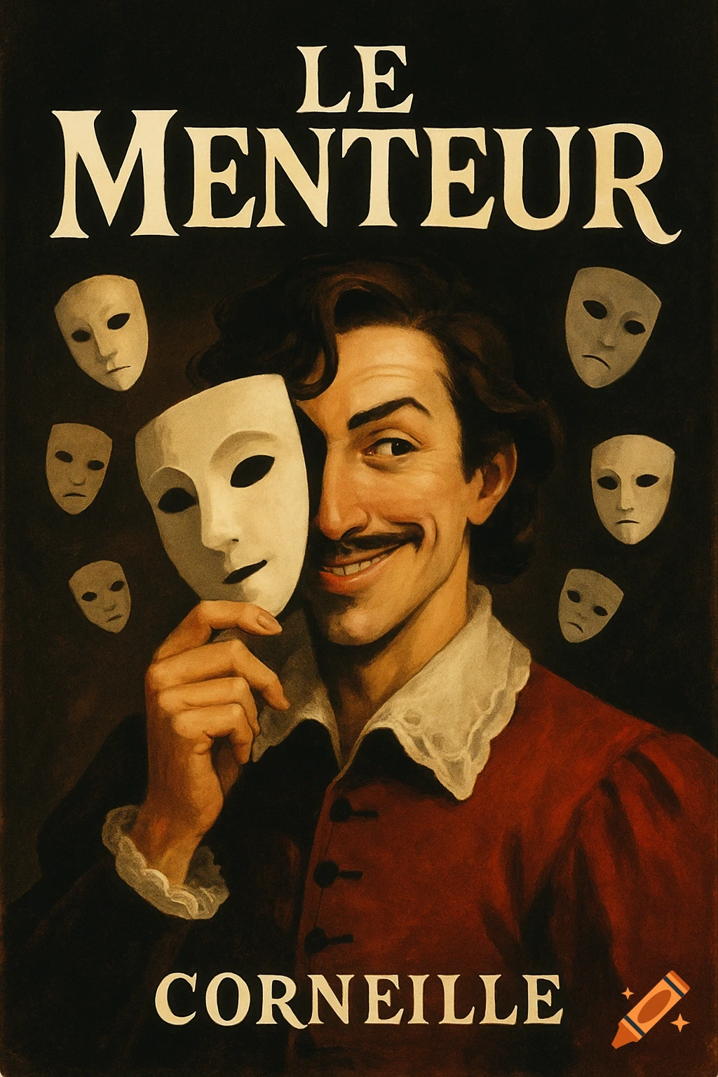 Illustration of a smiling man in period attire holding a white mask, with other masks floating around him. Text 'LE MENTEUR CORNEILLE'.