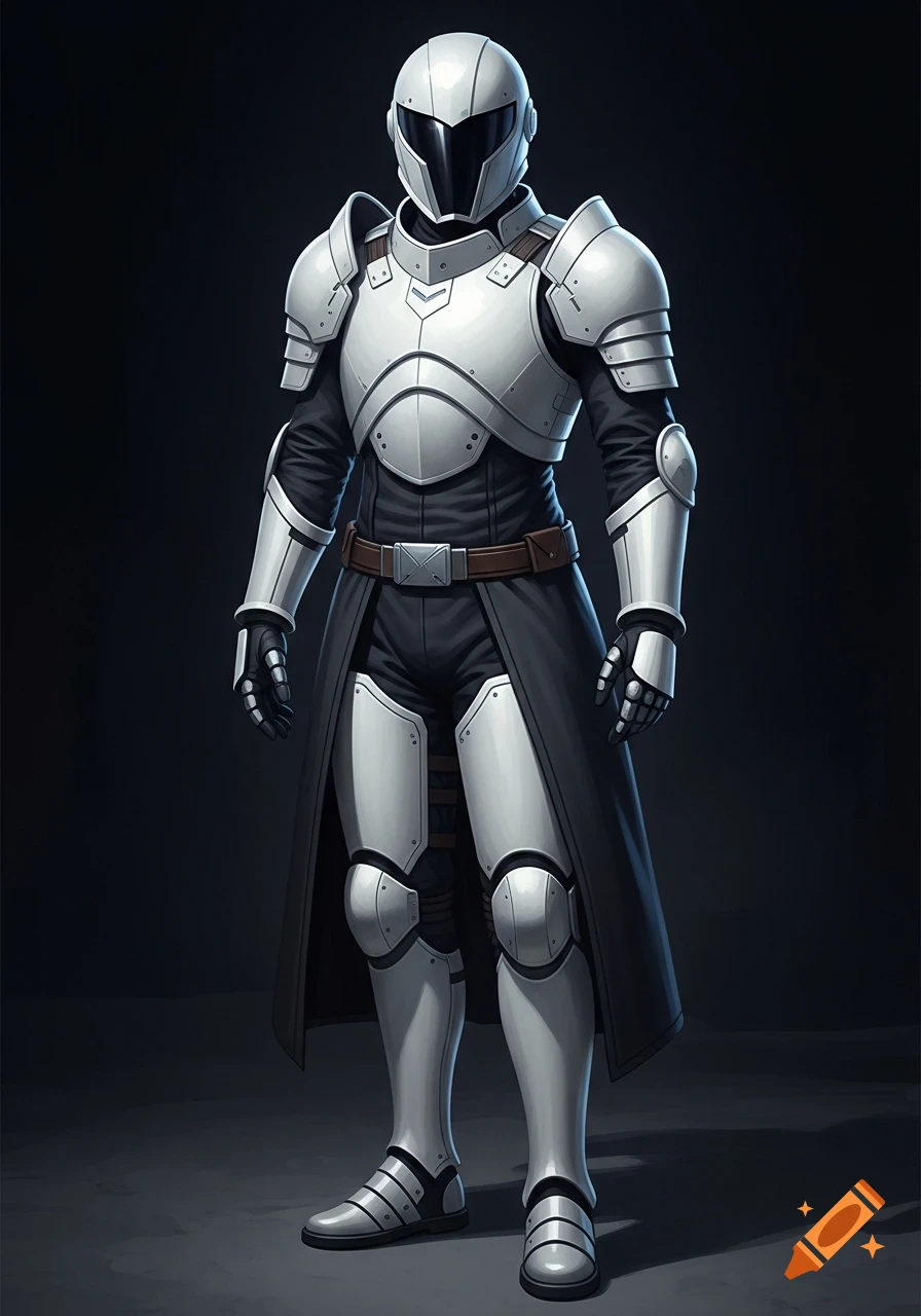 A full-body shot of a futuristic knight in glossy white and black armor and a long black coat against a dark background.