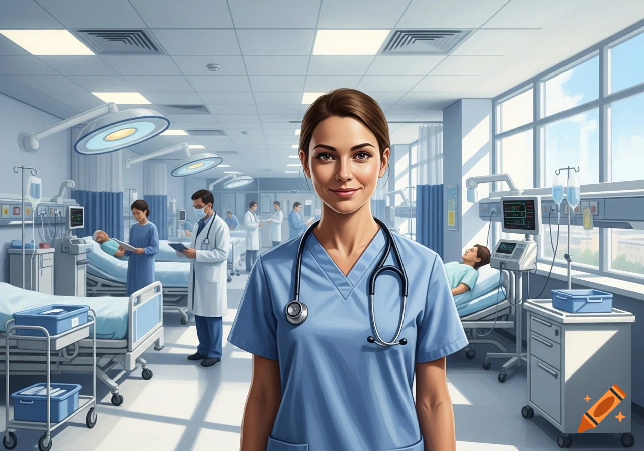 A smiling female nurse in blue scrubs and a stethoscope stands in a brightly lit, modern hospital ward with other medical staff and patients.