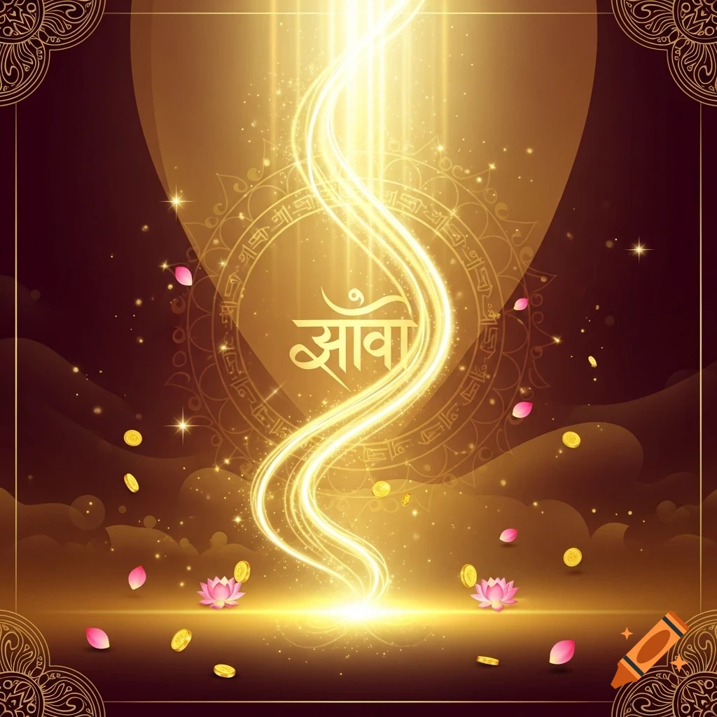 Golden light stream with glowing Sanskrit text, lotus flowers, and floating coins in a rich gold and maroon traditional Indian art style.