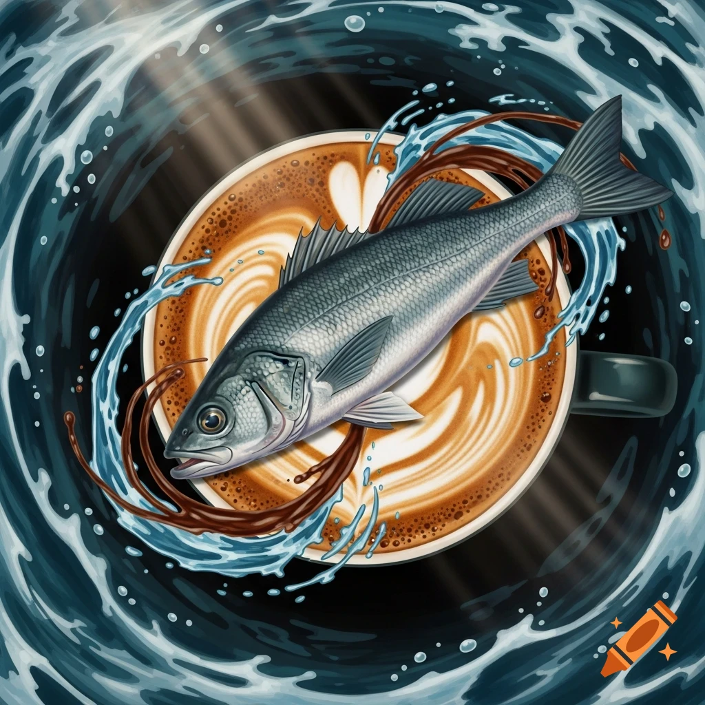 A realistic sea bass rests in a cup of coffee with latte art, surrounded by swirling water and chocolate splashes.