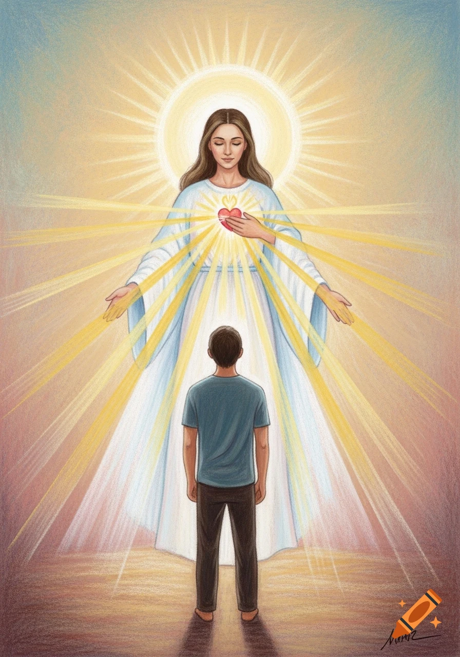 Spiritual drawing of a glowing woman emitting light from her heart towards a man, in crayon style.