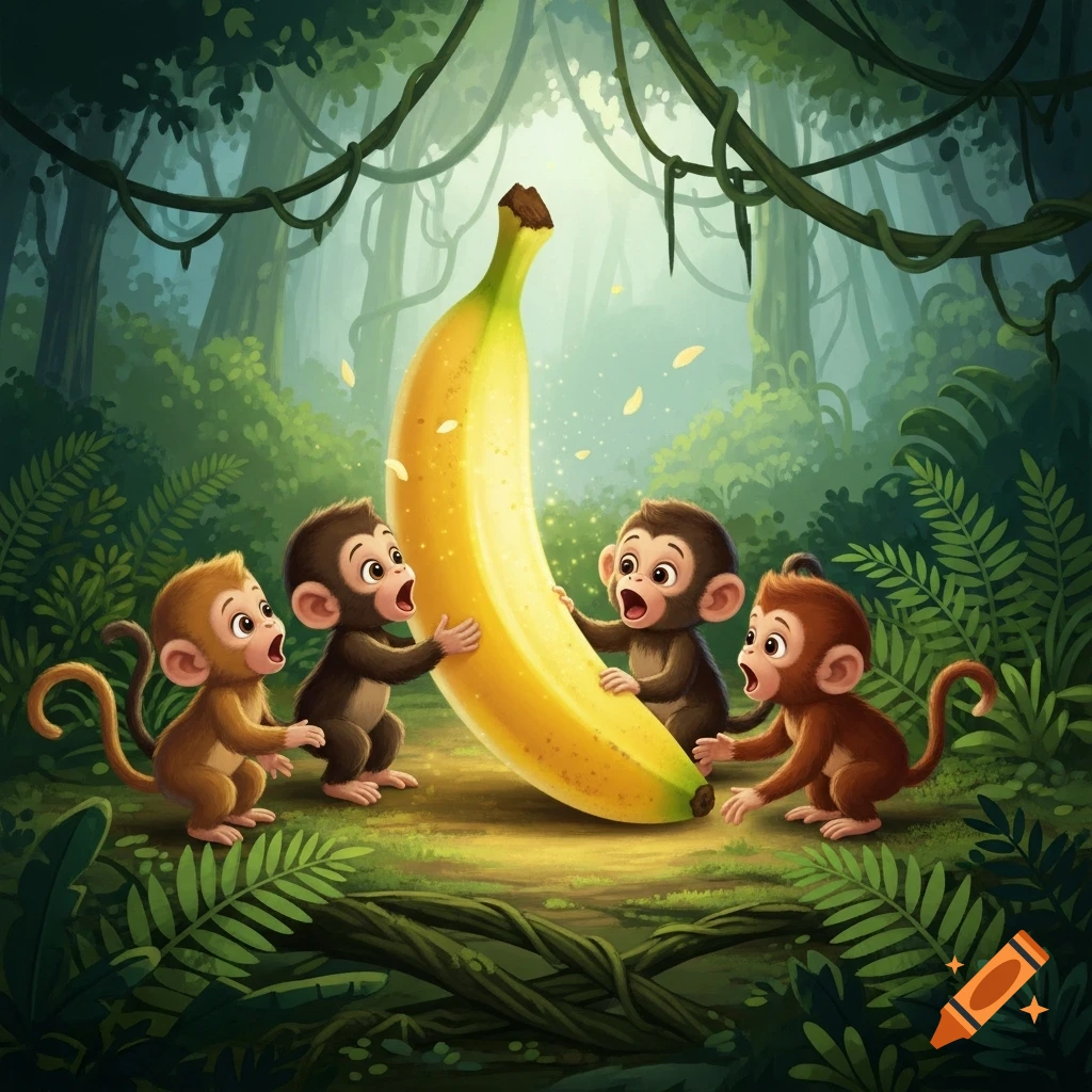 Four cute cartoon monkeys in a lush jungle gaze in awe at a gigantic glowing banana.