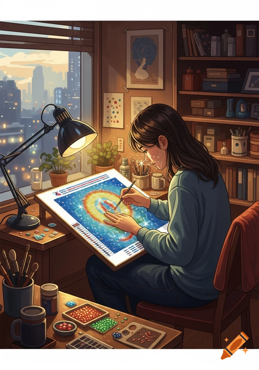 A person with dark hair sits at a desk by a window overlooking a city at dusk, intently working on a colorful diamond painting. A desk lamp illuminates the workspace, which includes beads and art supplies.