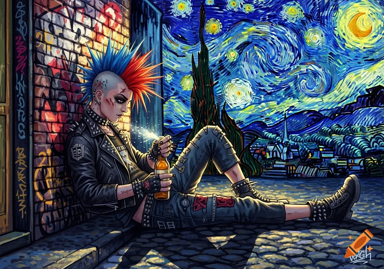A punk with a blue and red mohawk sits against a graffiti-covered brick wall, holding a beer bottle, with a Van Gogh-style starry night sky in the background.