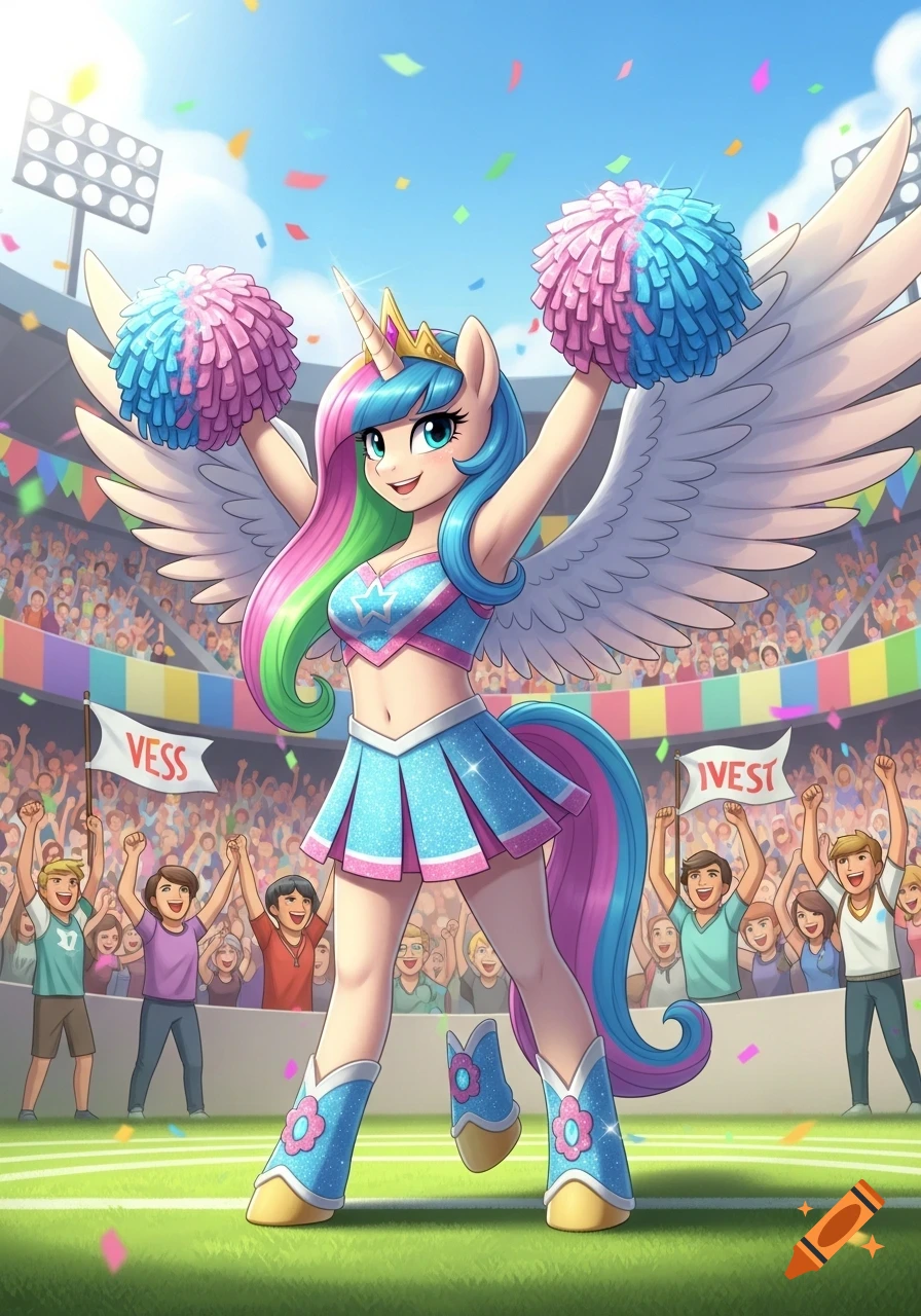 A stylized winged unicorn in a cheerleader uniform holds pom-poms in a stadium with cheering fans.