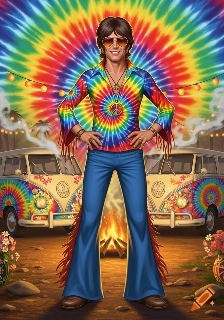 A man in a vibrant tie-dye shirt, blue bell-bottoms, and sunglasses stands with hands on hips, a peace sign necklace, in front of two tie-dye Volkswagen vans at a campsite with a bonfire.